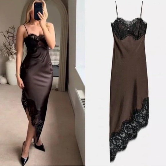 Zara Dresses & Skirts - NWT Zara ASYMMETRIC SATIN LACE DRESS ZW COLLECTION Brown Black Medium